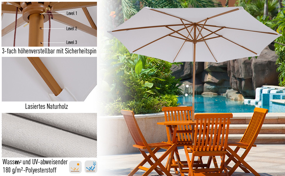 300 cm großer Sonnenschirm aus Holz Tischschirm mit 8 Bambusrippen 300 x 300 x 262 cm Beige