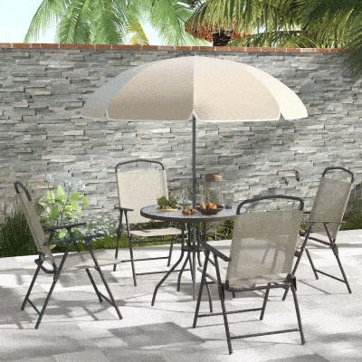 Outsunny Conjunto de Jardim Refeição 6 Peças com 4 Cadeiras Dobráveis Mesa com Bancada de Vidro e Chapéu de Sol Bege