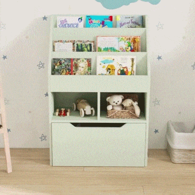 HOMCOM Estante de Madeira para Brinquedos com 3 Compartimentos 2 Prateleiras e Gaveta Móvel com 4 Rodas 60x29,9x90 cm Verde