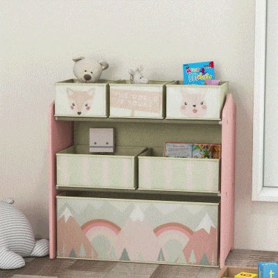 ZONEKIZ Estante para Brinquedos com 6 Caixas de Tecido não Tecido Amovíveis Organizador de Brinquedos 63x30x66 cm Rosa