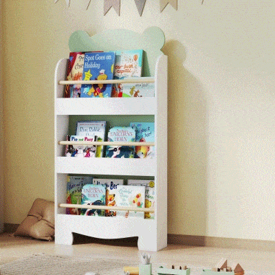 AIYAPLAY Estantería Infantil 3 Niveles Diseño de Osito Bordes Redondeados y Barreras de Seguridad para Libros y Juguetes Verde