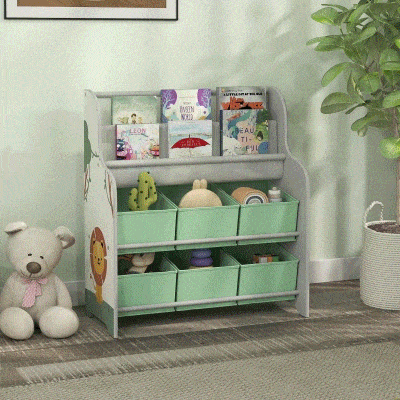 AIYAPLAY Estante Infantil para Brinquedos com 6 Caixas de Tecido Não Tecido Organizador de Brinquedos com 2 Prateleiras 63x30x71 cm Verde