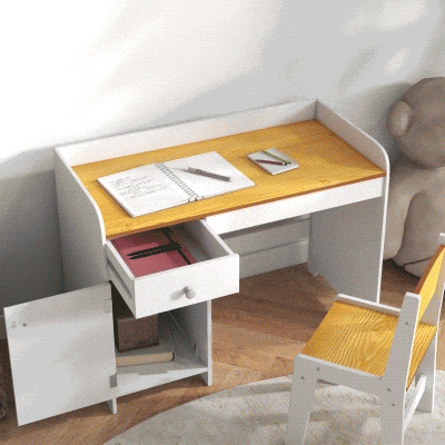 ZONEKIZ Escritorio para Niños con Silla Conjunto de Escritorio de 2 Piezas con Cajón y Armario Blanco y Natural