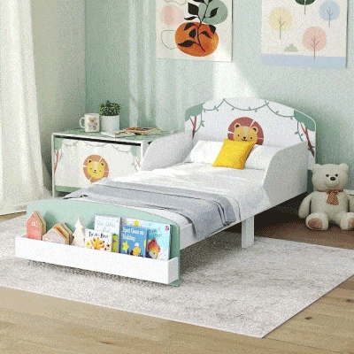 AIYAPLAY Cama Infantil para Crianças +3 Anos 70x140 cm em Madeira com Armazenamento e Desenho de Leão para Quarto Verde