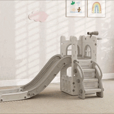AIYAPLAY Tobogan pentru copii, 5-în-1, tobogan pentru copii mici cu coș de baschet, telescop, ansamblu de cățărat Gri 70 x 177 x 92 cm