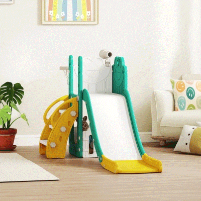 AIYAPLAY 5-in-1 kinderrutschenset, telescoop, basketbalnet, kunststof, Geel+Groen