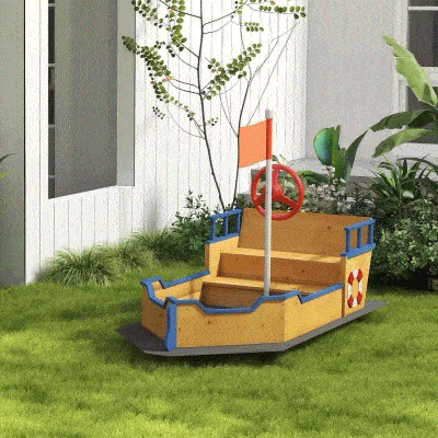 Outsunny Caixa de Areia Infantil de Madeira Desenho de Galeão com Assento 2 Degraus Bandeira Vermelha e Leme Caixa de Areia de Jardim para Crianças acima de 3 Anos 158x78x45,5cm Natural