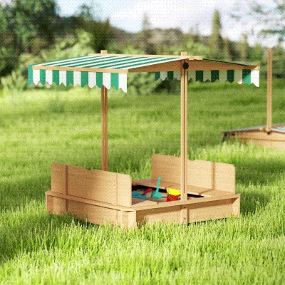 Outsunny Sandkasten 106x106 cm Kinder Sandbox aus Holz mit höhenverstellbar Abdeckung Sitzbänken Rücklehnen Hellbraun