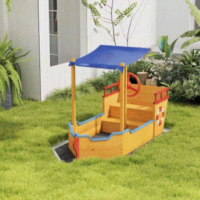 Outsunny Sandkasten Schiff Design Matschekiste aus Holz Segelschiff mit Sitzbank Flaggenmast Piratenschiff für Kinder 3-8 Jahre Sandkiste für den Garten Outdoor Sandbox Orange 160 x 70 x 103 cm