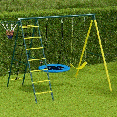 Outsunny Kinderschaukel-Gerüst mit 2 Schaukeln, Basketballkorb, Kletterleiter, 267x180x202 cm, Gelb
