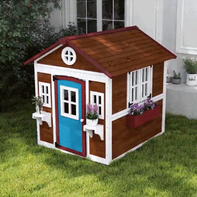 Outsunny Casinha de Madeira Infantil com Porta Janelas Floreiras e Prateleiras com Detalhes de Cor 114x126,4x135 cm Castanho Escuro