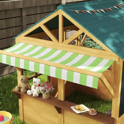 AIYAPLAY Casinha de Jogos Infantil de Madeira com Janelas Lousas Telhado e Toldo 173x117x144 cm Madeira Natural