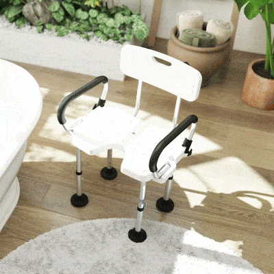 HOMCOM Cadeira para Duche Antiderrapante com Altura Ajustável de 6 Níveis e Apoio para os Braços Regulável 54x52x70-82cm Branco