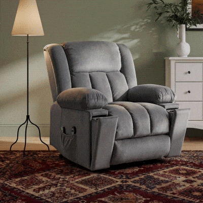 HOMCOM Elektrische Relaxfauteuil met opsta-hulp – Ligstoel met verwarmings- en massagefunctie, afstandsbediening, bekerhouder, zijvak, USB, pocketvering, fluweel, donkergrijs