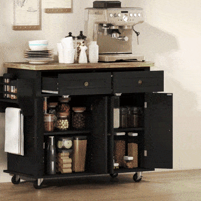 HOMCOM Isla de Cocina con Ruedas Mueble Auxiliar de Cocina con Especiero y Barra Lateral 111x44,5x82,5 cm Negro