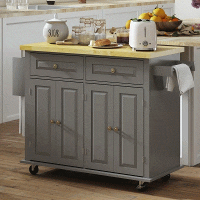 HOMCOM Ilha de Cozinha com Rodas 2 Gavetas 4 Portas Suporte para Temperos e Barra Lateral 111x44,5x82,5 cm Cinzento e Madeira