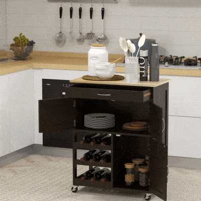 HOMCOM Modern Kitchen Trolley, Rolling Island Storage Cart with Drawer, 9-bottle Wine Rack, Door Cabinets, Wooden Countertop, White