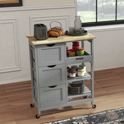 HOMCOM Küchenwagen auf Rollen mit Massivholz-Arbeitsplatte, 3 Schubladen & abnehmbarem Tablett, 67×37×85,5 cm, Grau