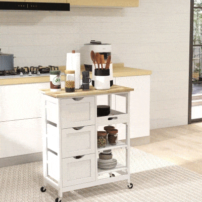 HOMCOM Carrinho de Cozinha com Rodas Carrinho de Serviço com 3 Gavetas 2 Prateleiras Abertas e Bandeja 67x37x85,5 cm Branco