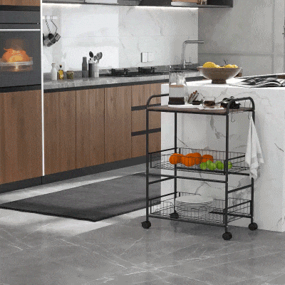 HOMCOM Carrito de Cocina de 3 Niveles Carretilla con Ruedas de Estilo Industrial 2 cestas deslizantes - Metal Negro Bandeja
