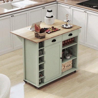 HOMCOM Ilha de Cozinha com Rodas Tampo Rebatível Suporte para Especiarias Prateleiras na Porta Armário 2 Gavetas 117,5x70x91 cm Verde Claro