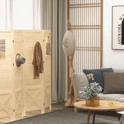 HOMCOM 4.7' Wooden 4-Panel Room Divider with Pegboard, Natural