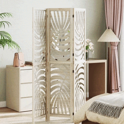 HOMCOM Biombo Divisor de Ambientes de 3 Paneles Plegable y Desmontable con Estampado de Hojas de Palma Tropical 120x1,7x170 cm