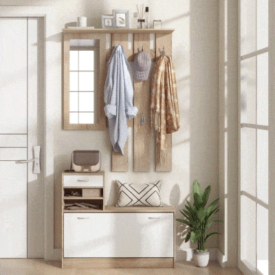 HOMCOM Móvel Cabide de Entrada de 3 Peças Armário de Entrada com Cabide Espelho Sapateira e Gaveta 90x10x102 cm Branco e Madeira