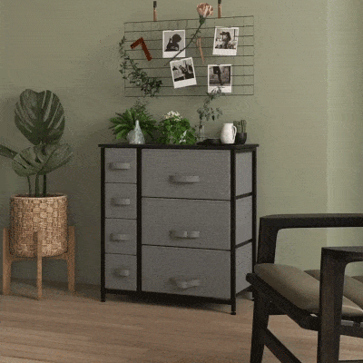 HOMCOM Commode 7 Tiroirs Tissu Gris Cadre Métal
