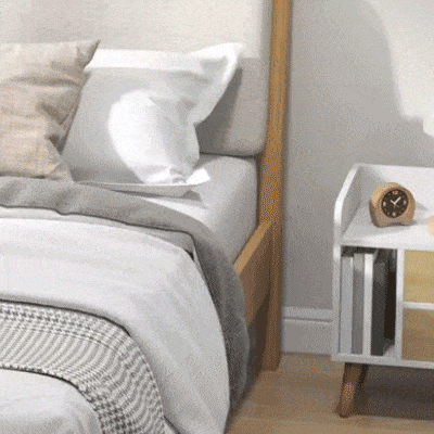 HOMCOM Chevet table de nuit design scandinave 2 tiroirs niche plateau pieds effilés inclinés bois massif chêne clair blanc