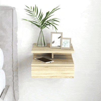 HOMCOM Set de 2 Mesitas de Noche Flotantes con 1 Cajón y Estante Abierto Diseño Moderno Montado en la Pared 35x32x22,5 cm Roble