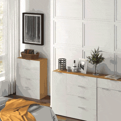 HOMCOM Cómoda con 4 Cajones de Alto Brillo Cajonera de Madera para Dormitorio Salón Oficina 70x35x92 cm Blanco y Natural