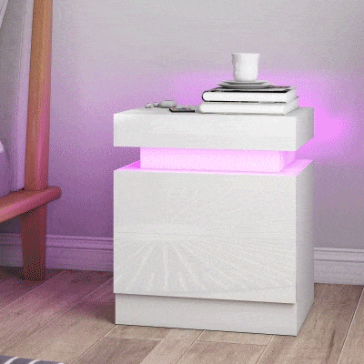 HOMCOM Set 2 LED-Nachttische mit 16 Farben und 4 Modi, mit 2 Schubladen, aus Holz, 45x35x52 cm, Hochglanzweiß