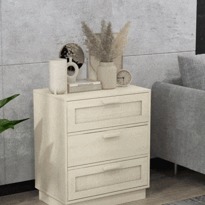 HOMCOM Cómoda con 3 Cajones de Rejilla de Ratán Cajonera de Madera para Dormitorio Estilo Cannage Bohemio 60x38x69 cm Natural