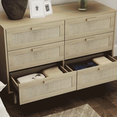 HOMCOM Cómoda para Dormitorio con 6 Cajones con Frontal de Ratán Patas de Madera Cajonera Estilo Bohemio 110x40x75 cm Roble