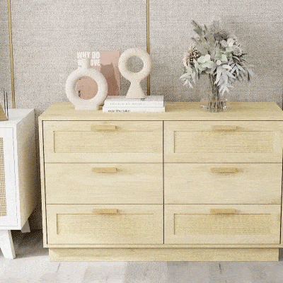 HOMCOM Cómoda para Quarto Cómoda de Madeira com 6 Gavetas de Vime Estilo Boêmio para Corredor Escritório 110x40x69 cm Carvalho