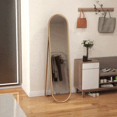 HOMCOM Espelho de Pé Oval 160x40 cm Espelho de Corpo Inteiro com Moldura Metálica Suporte e 2 Formas de Utilização Dourado