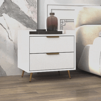 HOMCOM Mesa de Cabeceira Mesa de Noite com 2 Gavetas Caneladas Pés de Metal Dourados 50x40x50 cm Branco