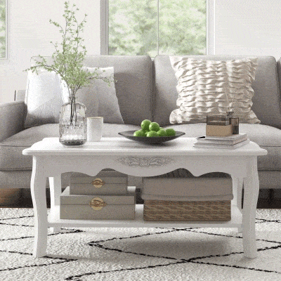 HOMCOM Couchtisch Kaffeetisch mit Ablage Wohnzimmertisch Beistelltisch mit Gravur und gebogenen Beinen Holz Weiß 94x44x43cm