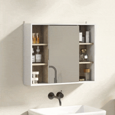 HOMCOM Armário de Espelho com Espaço Interno com Prateleiras Ajustáveis ​​Armário de Banheiro com Prateleiras Abertas 60x14,5x49,4 cm Branco e Carvalho