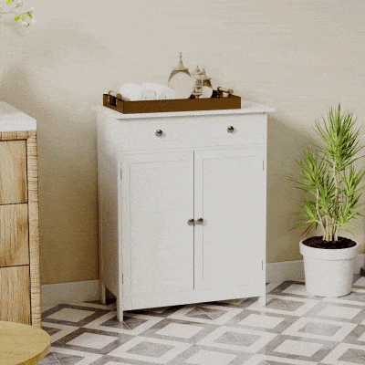 kleankin Armário Auxiliar Casa de Banho com 2 Gavetas 2 Portas e Prateleira Ajustável Estilo Moderno 60x30x75cm Branco