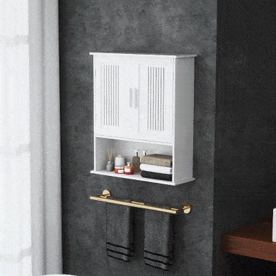kleankin Armário de Parede Casa de Banho com Armazenamento 2 Portas em Ripas Prateleira Ajustável e Compartimento 60x20x70 cm Branco