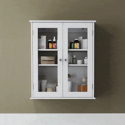 kleankin Armário Casa de Banho de Parede com 2 Portas de Cristal Armário Suspenso com Prateleiras Ajustáveis em Altura Multiuso para Cozinhas Sala de Estar 55x20x65cm Branco