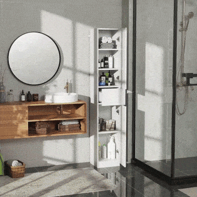 kleankin Tall Bathroom Cabinet with Adjustable Shelves, High Gloss Storage Cupboard, Freestanding Tallboy with Storage Drawer, White