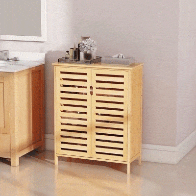 kleankin Badezimmerschrank, Bambusschrank mit Lamellendesign für Badezimmer, Flur, kompakte Größe, viel Stauraum, Naturholz