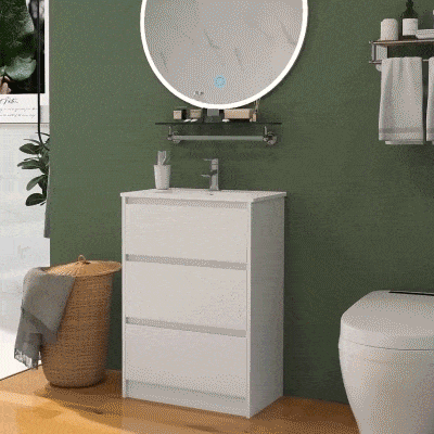 kleankin Mueble de Baño con Lavabo Armario de Baño Lavabo de Baño de Cerámica Sintética con 2 Cajones 61x37x88cm Blanco Brillante