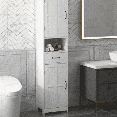 kleankin Columna de Baño con 2 Puertas 1 Cajón Estante Abierto y 2 Armarios con Estante Ajustable 40x30x164 cm Blanco