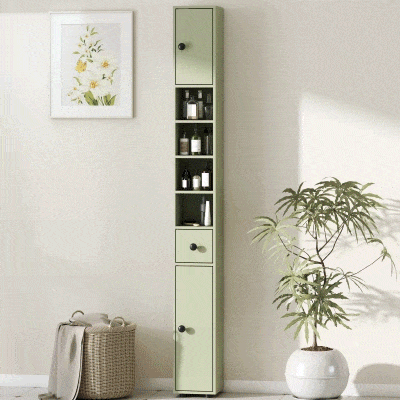 kleankin Columna de almacenamiento armario alto para baño 1 cajón 4 estantes regulables y 2 armarios 20 x 20 x 180 cm verde