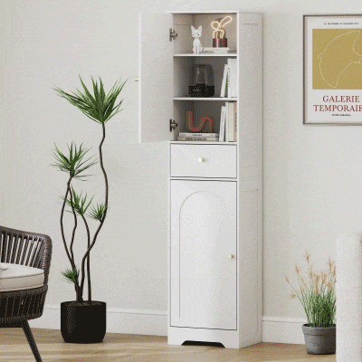 HOMCOM Coluna Casa de Banho com 2 Portas Arqueadas Gaveta e Prateleiras Ajustáveis Armário Alto Casa de Banho 40x29,5x170 cm Branco com Veios