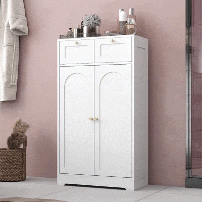 HOMCOM Armário de Casa de Banho Estreito com 2 Gavetas Prateleira Aberta e Porta com Painel Arqueado 60x30x108 cm Branco Texturizado